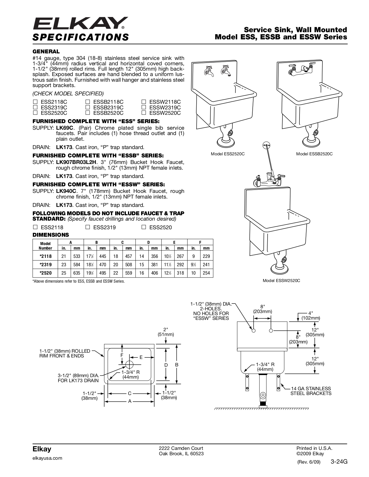 Elkay ESSB2118C, ESSW2118C, ESS2319C, ESSB2319C, ESSW2319C User Manual