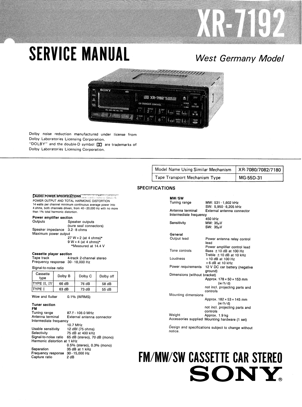 Sony XR-7192 Service manual