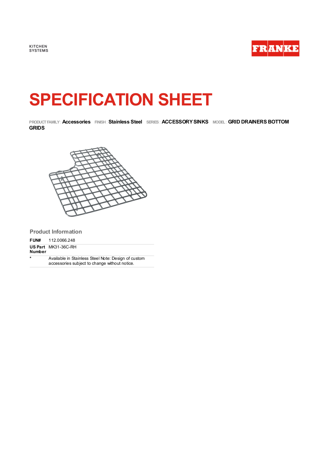 Franke FKX1168 Specifications - ManualMachine.com