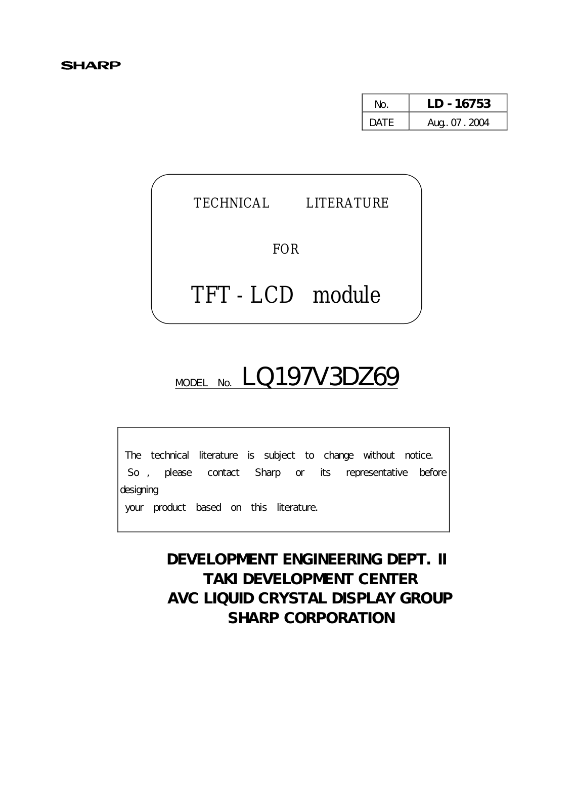 SHARP LQ197V3DZ69 Specification