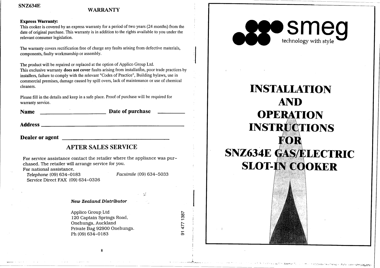 Smeg SNZ634E User Manual