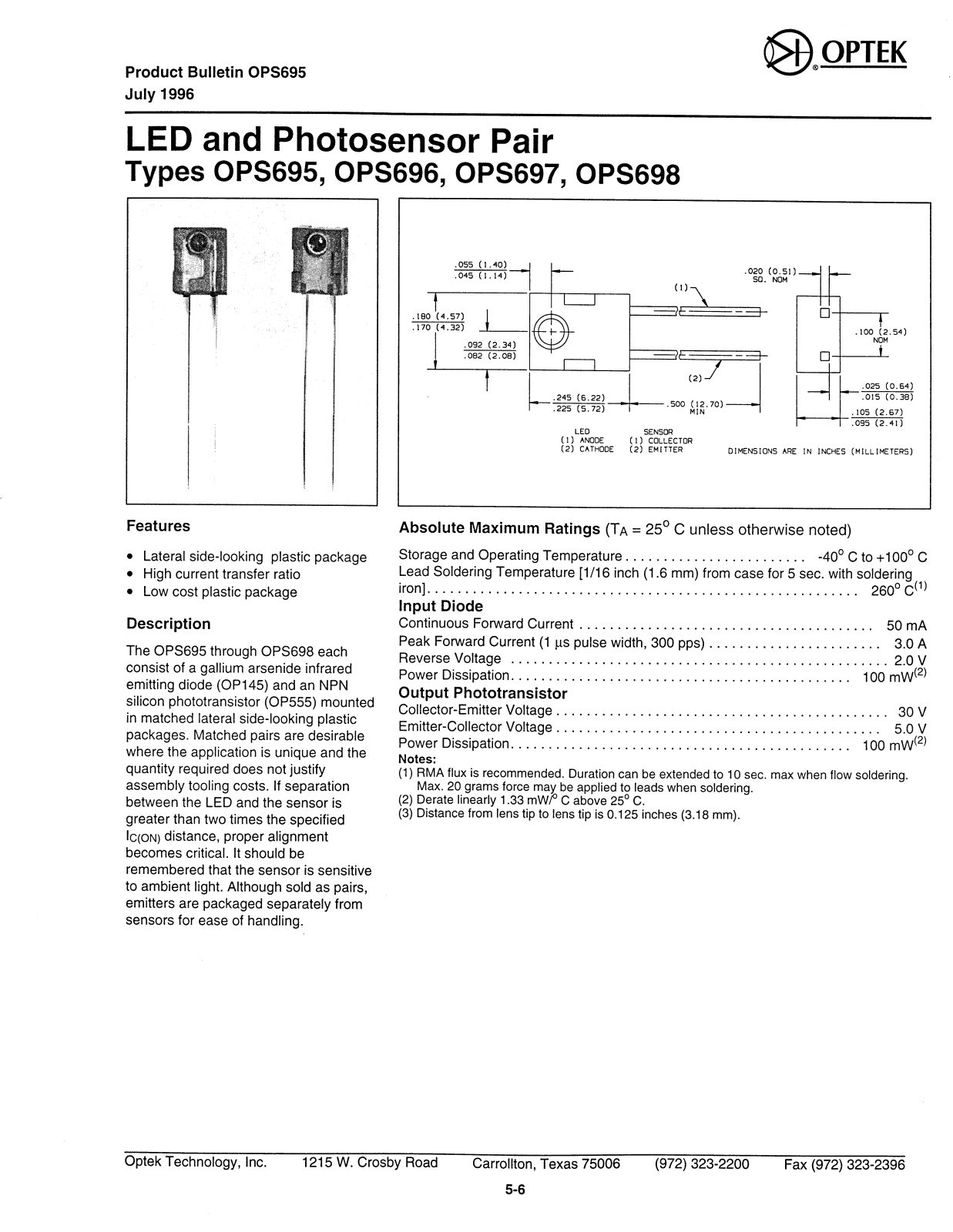 OPTEK OPS697, OPS696, OPS695, OPS698 Datasheet