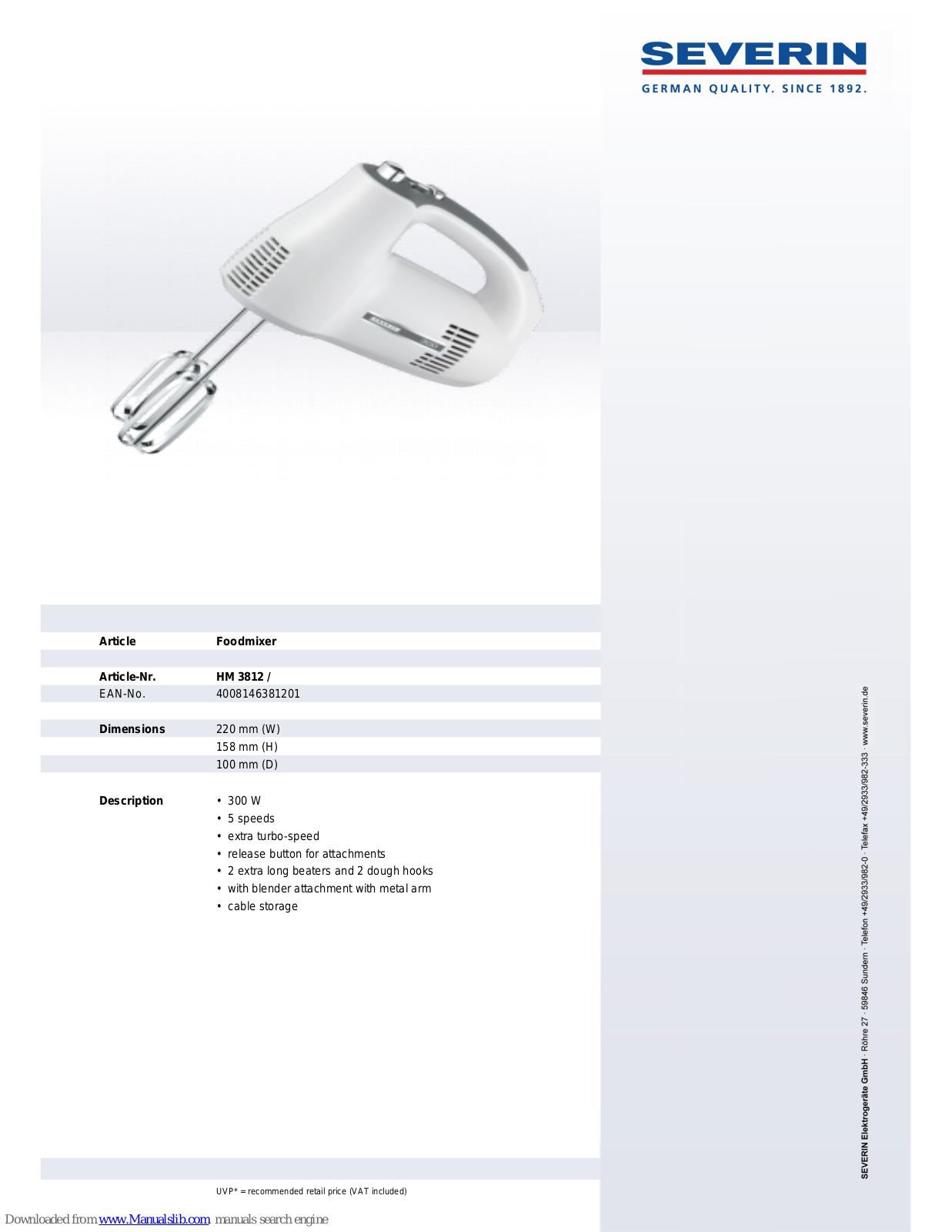 SEVERIN HANDMIXER HM 3812, HM 3812 Dimensions