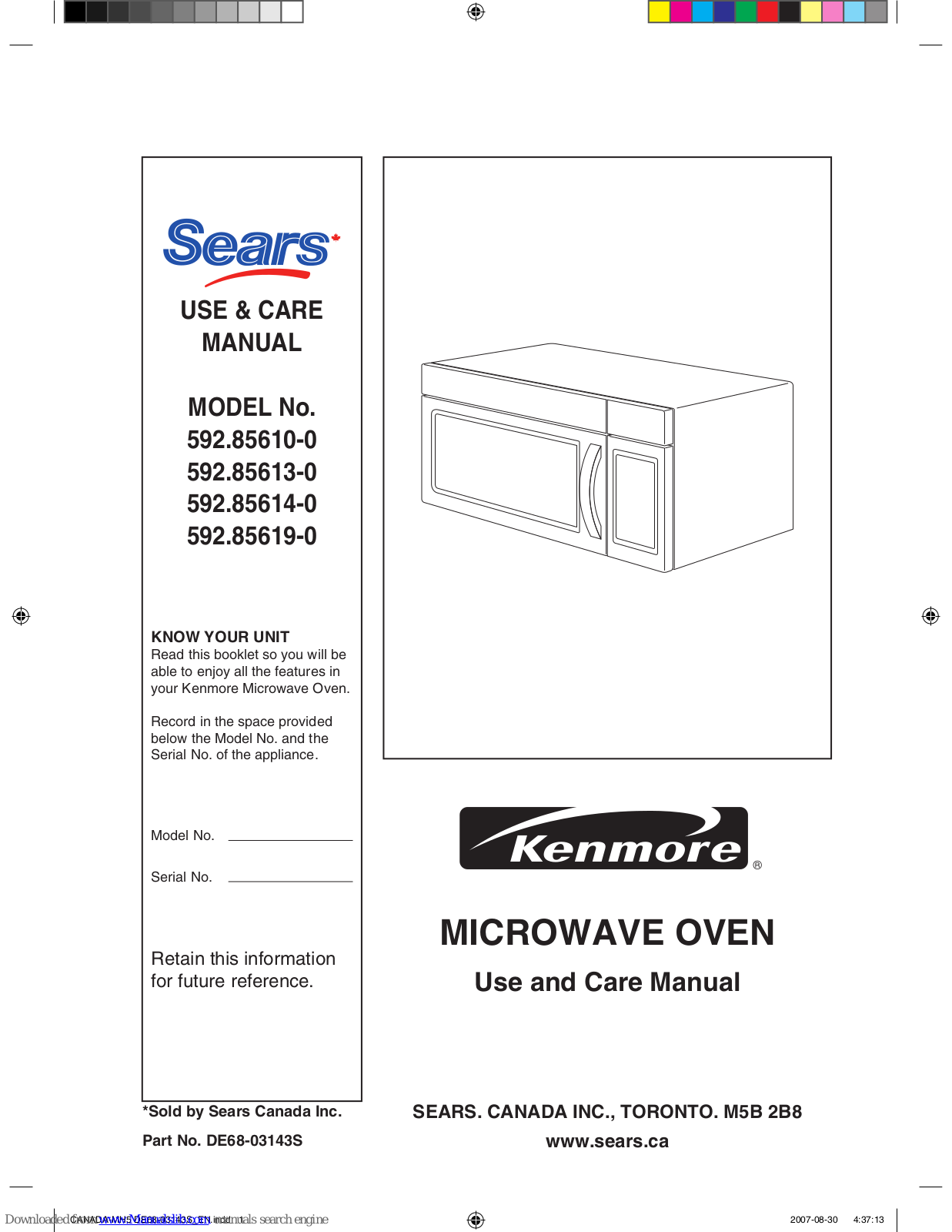 Kenmore 592.85610-0, 592.85613-0, 592.85614-0, 592.85619-0 Use And Care Manual