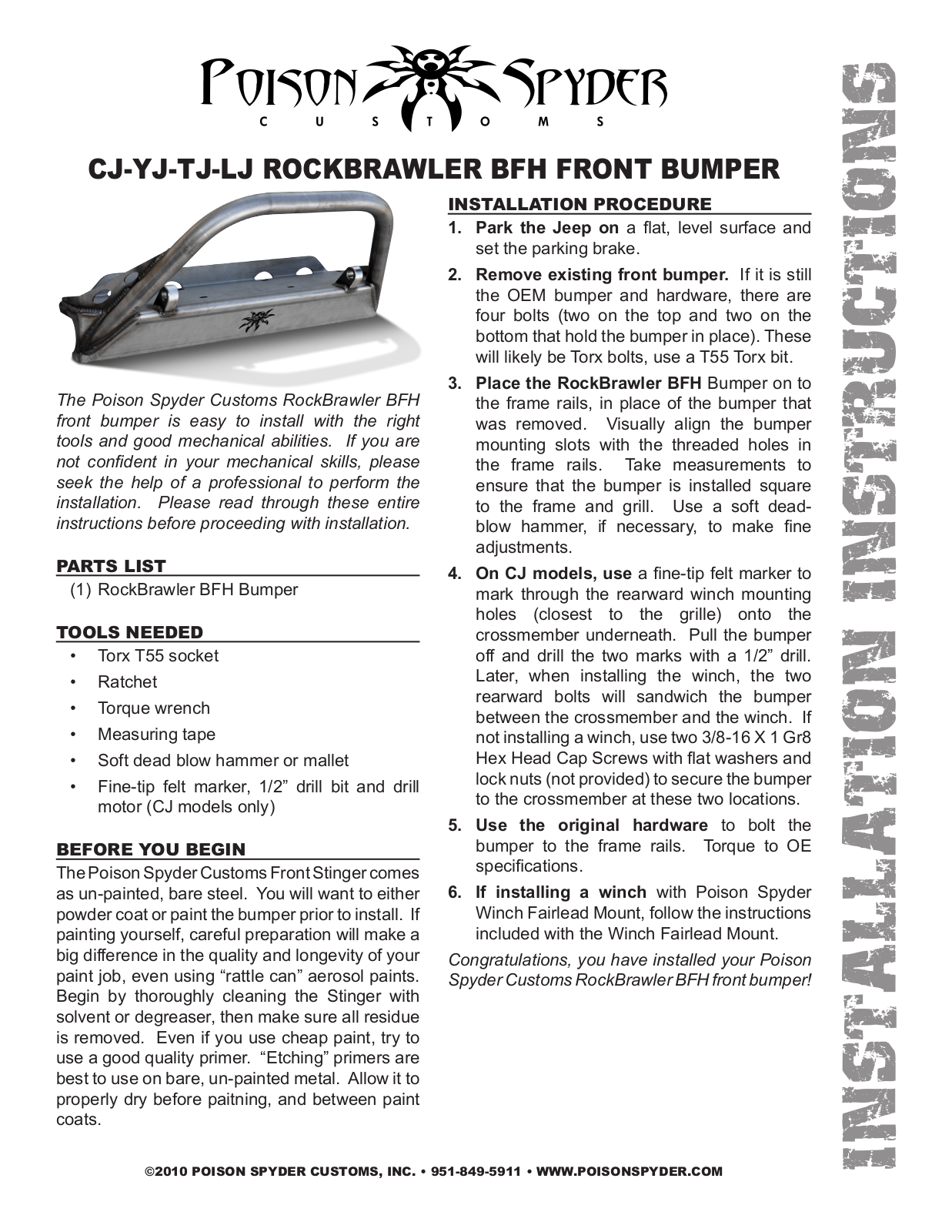 Poison Spyder LJ ROCKBRAWLER BFH FRONT BUMPER User Manual