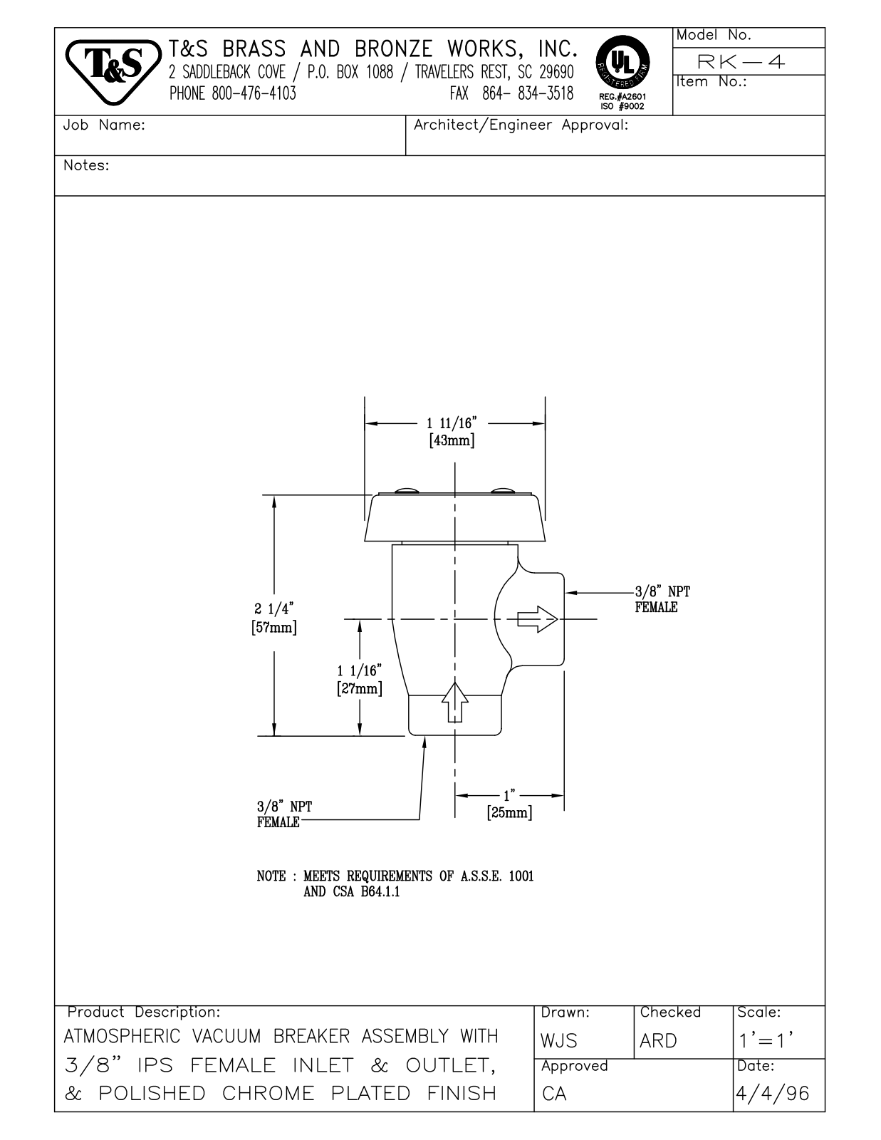 T&S Brass RK-4 User Manual