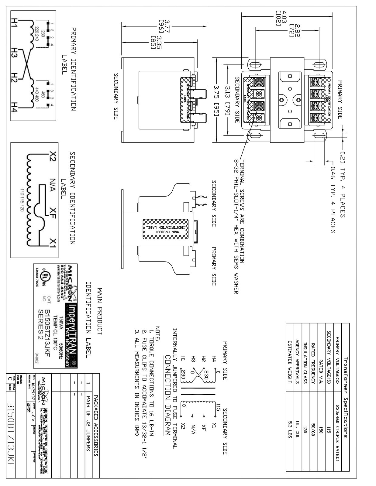 Micron Industries B150BTZ13RBF Specification Sheet