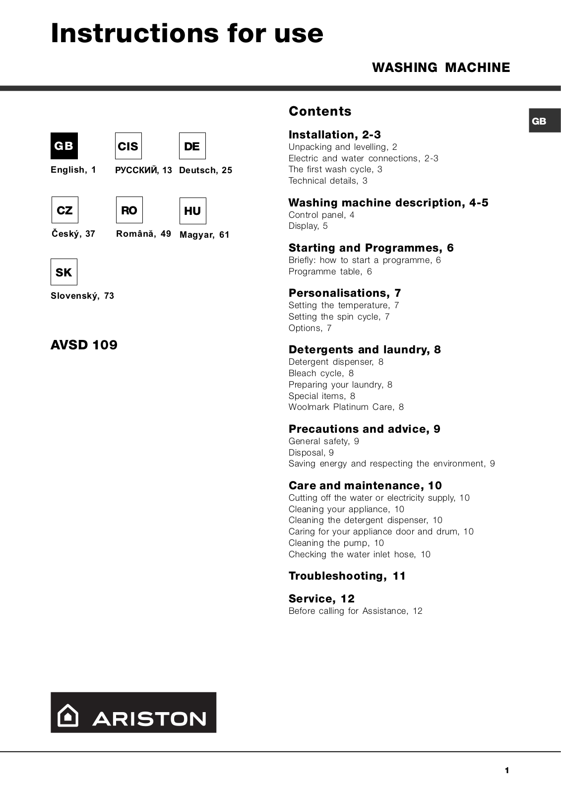 Hotpoint-ariston AVSD 109 User Manual