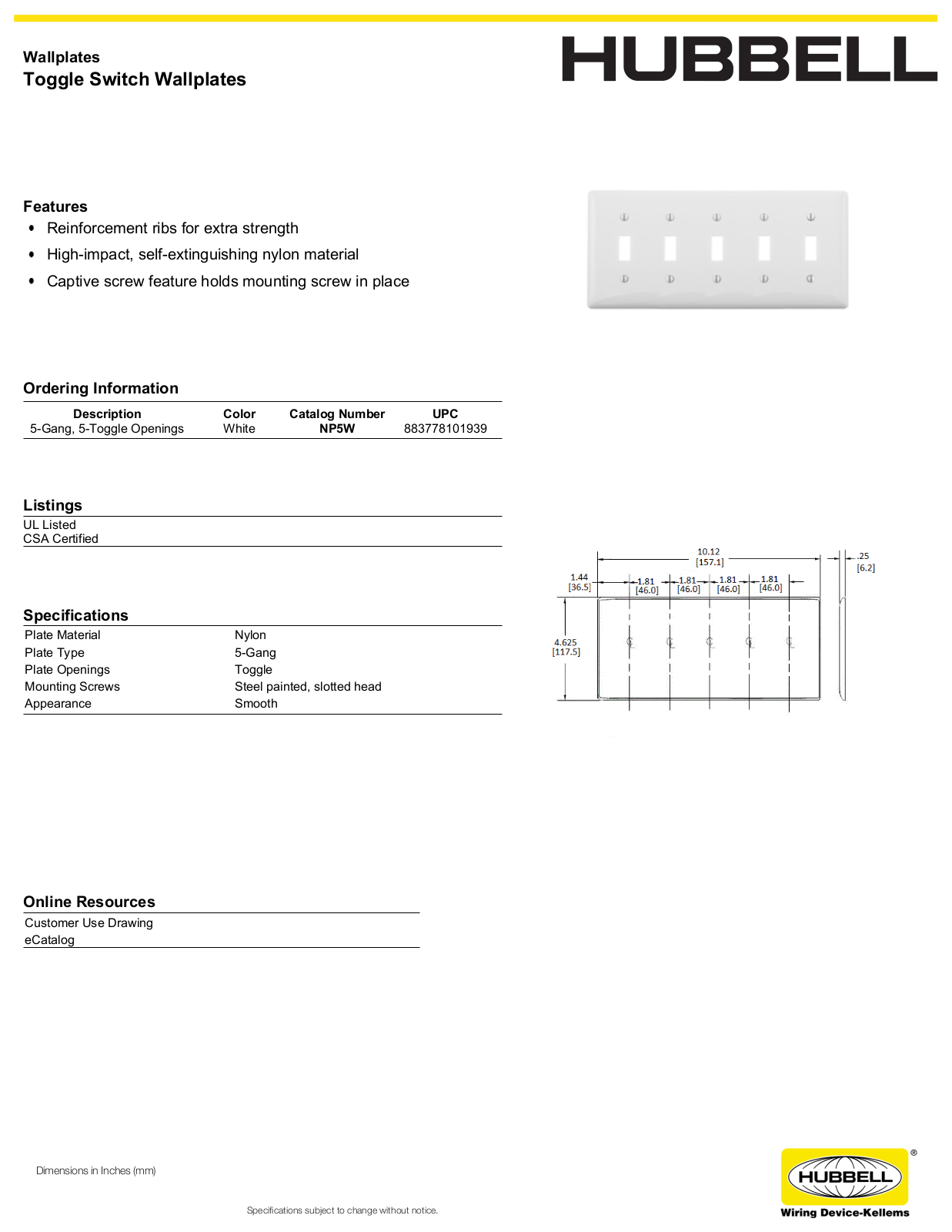 Hubbell NP5W Specifications