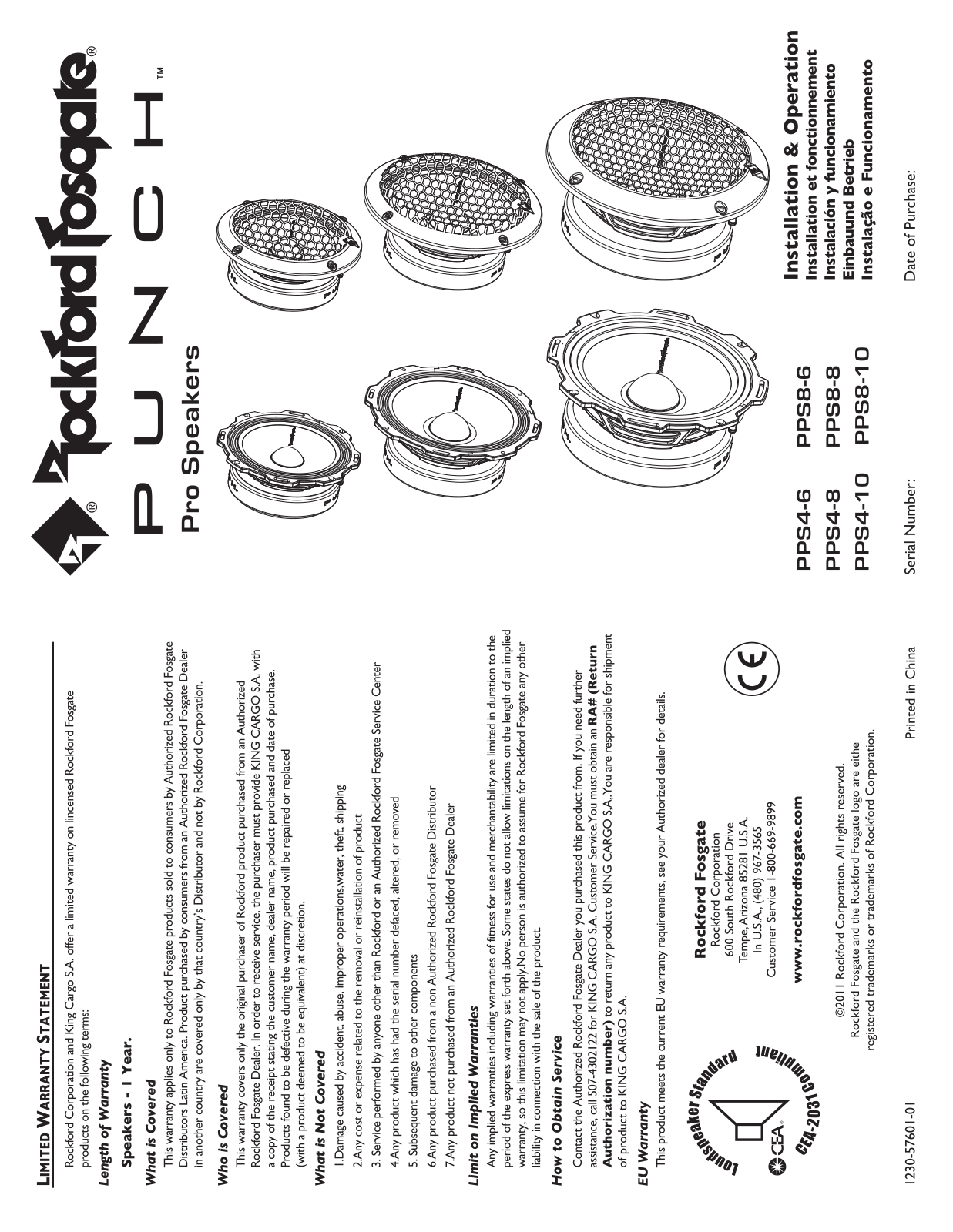 Rockford Fosgate PPS4-6, PPS4-8, PPS4-10, PPS8-6, PPS8-8 Use & Care Guide