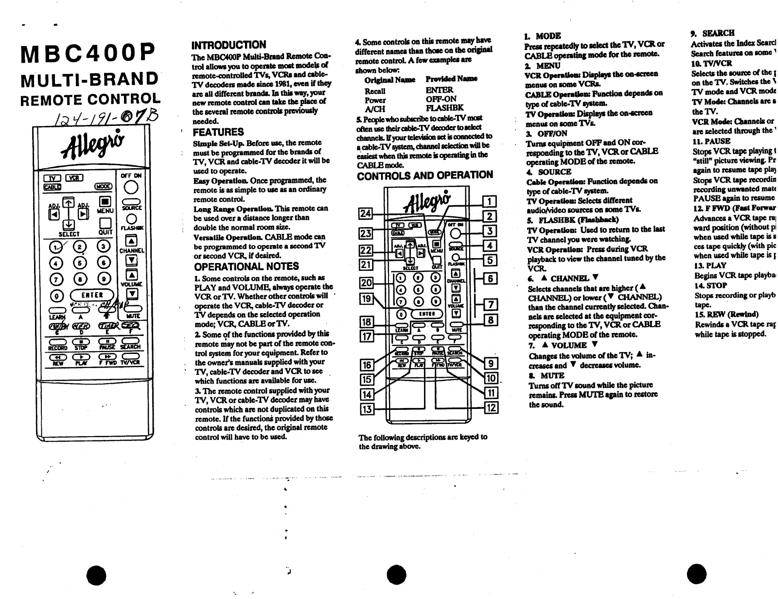 Zenith MBC400P OPERATING GUIDE