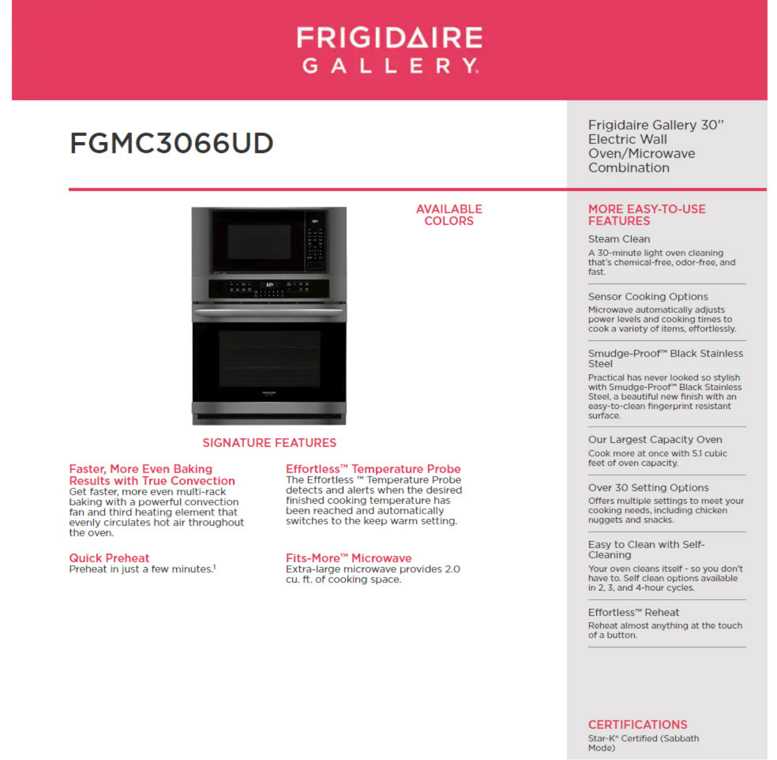 Frigidaire FGMC3066UD, FGMC3066UF PRODUCT SPECIFICATIONS