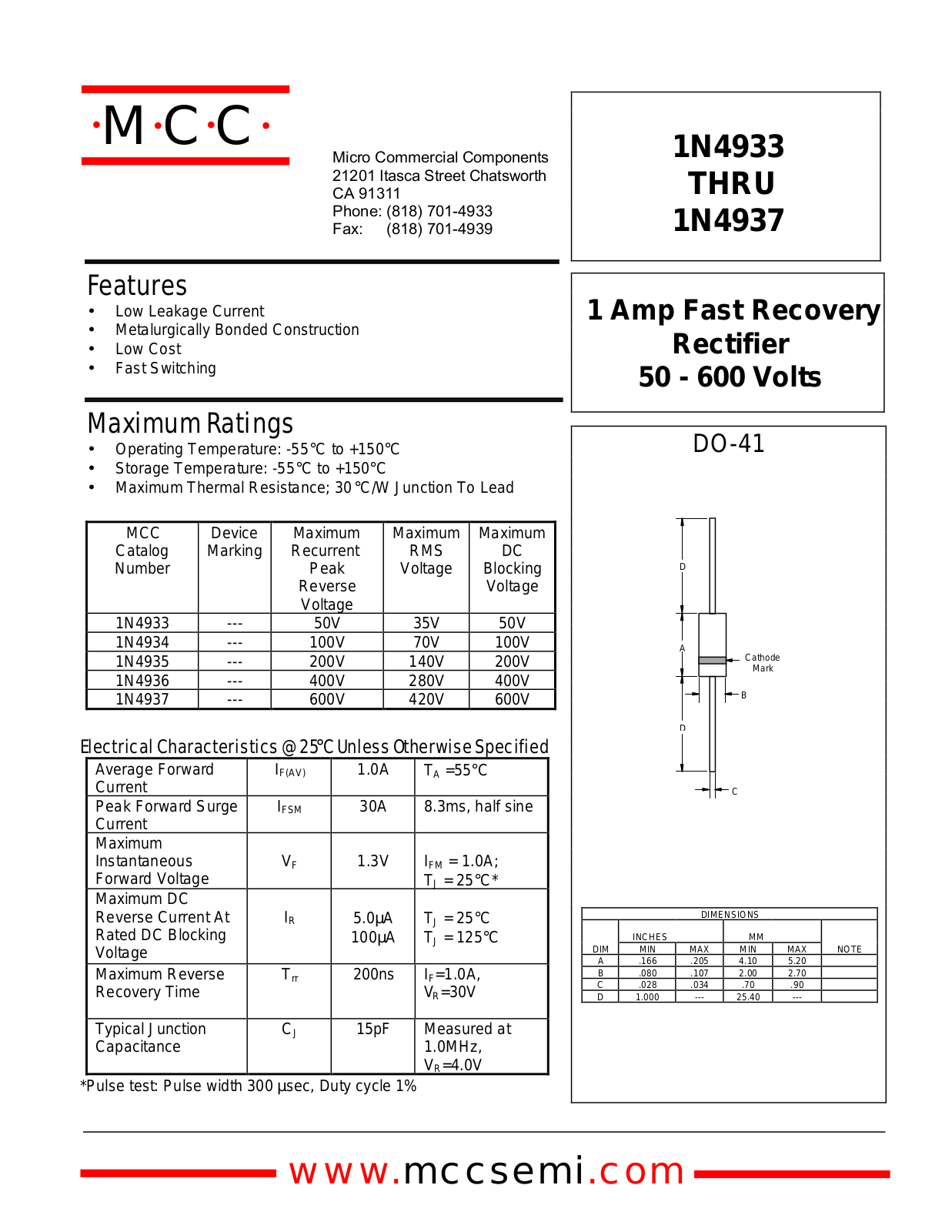 MCC 1N4937, 1N4936, 1N4935, 1N4934, 1N4933 Datasheet