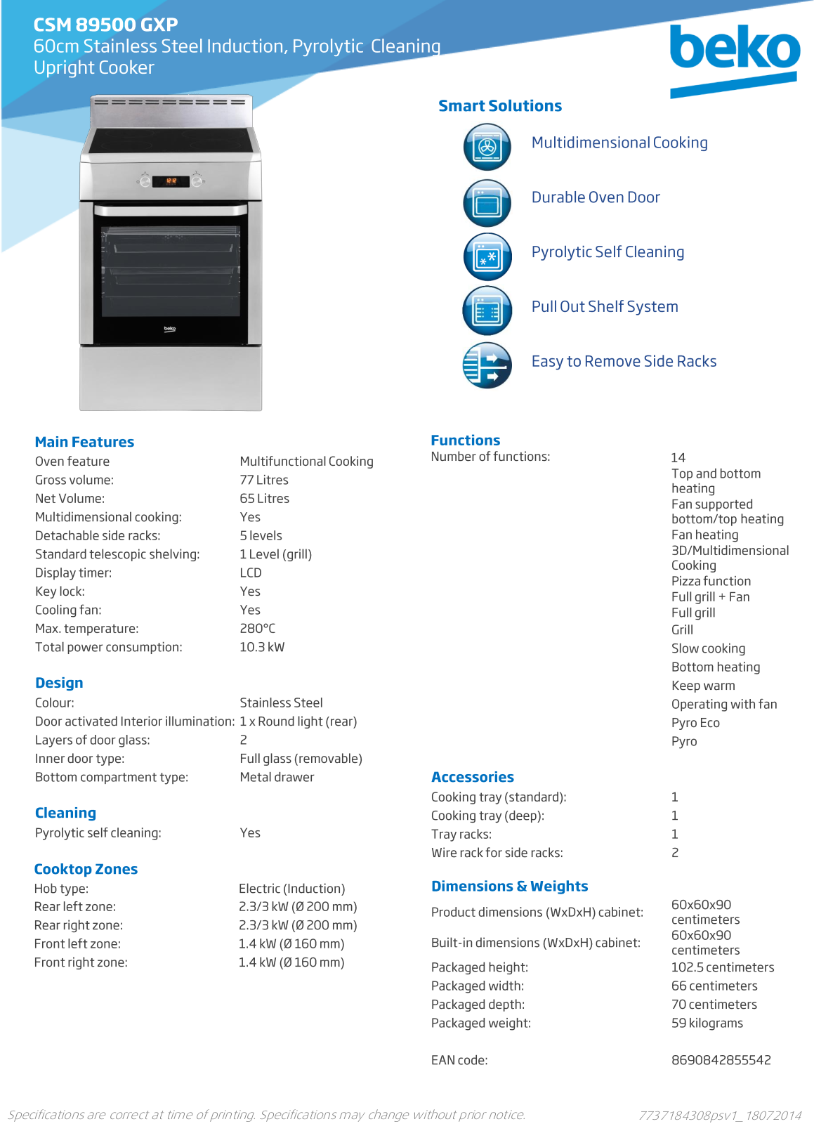 Beko CSM89500GXP Specifications Sheet