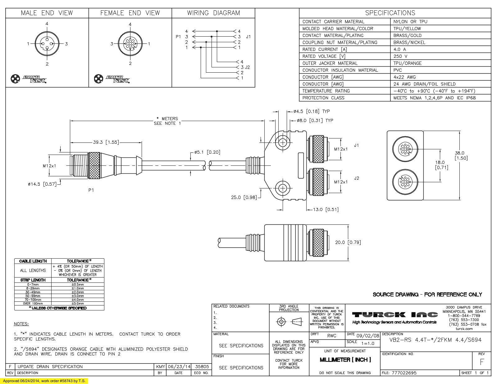 Turck VB2-RS4.4T-2/2FKM4.4/S694 Specification Sheet