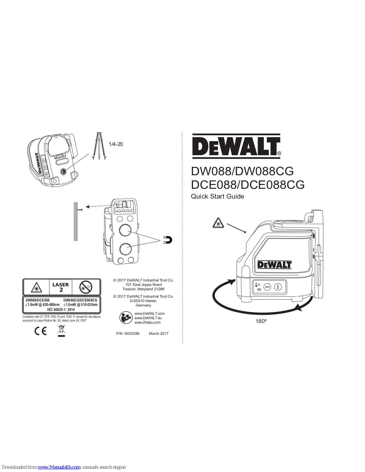 DeWalt DW088, DW088CG, DCE088, DCE088CG Quick Start Manual