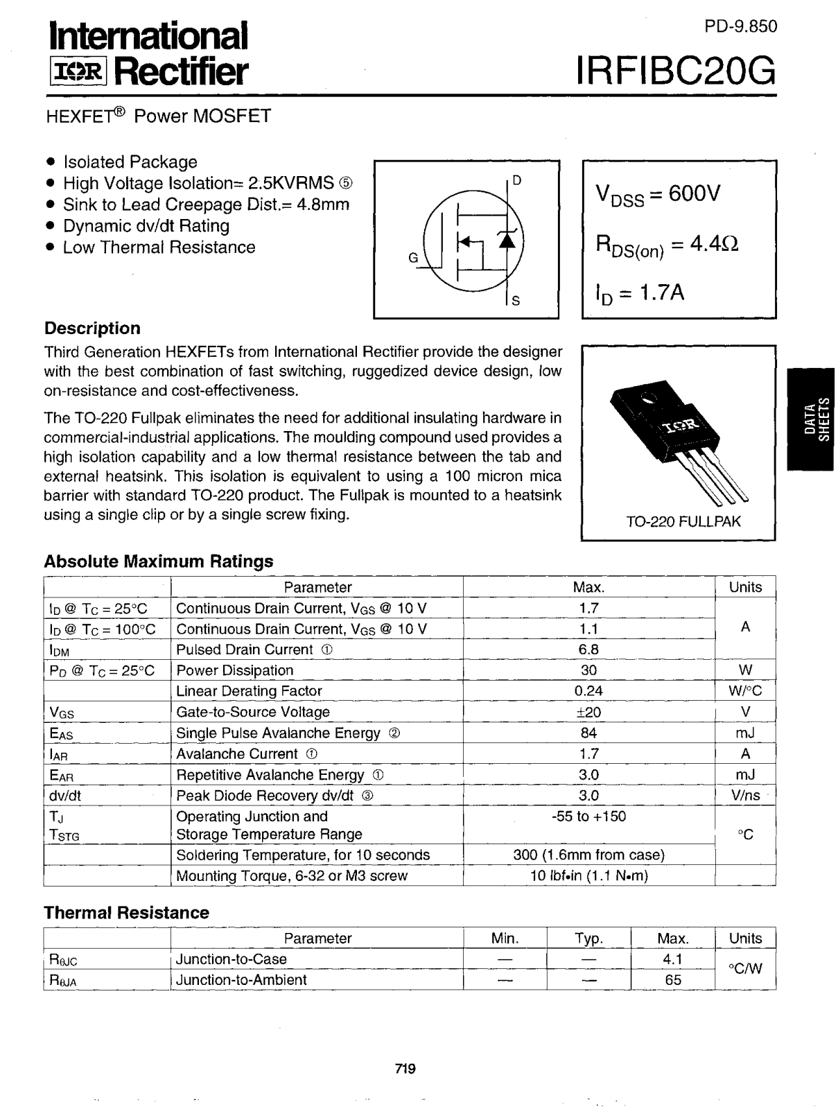 International Rectifier IRFIBC20G Datasheet