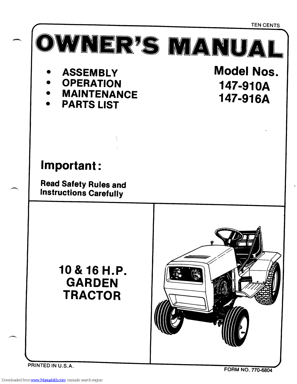 MTD 147-910A, 147-916A Owner's Manual