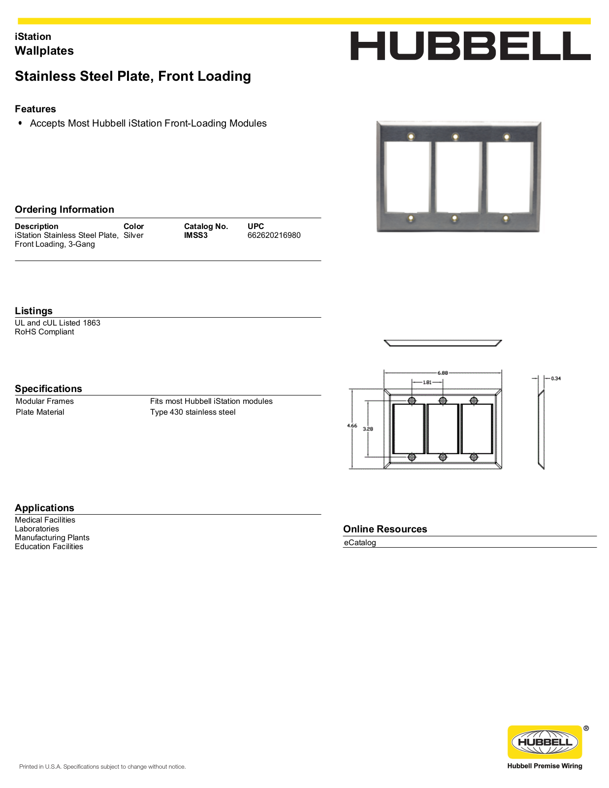 Hubbell IMSS3 Specifications