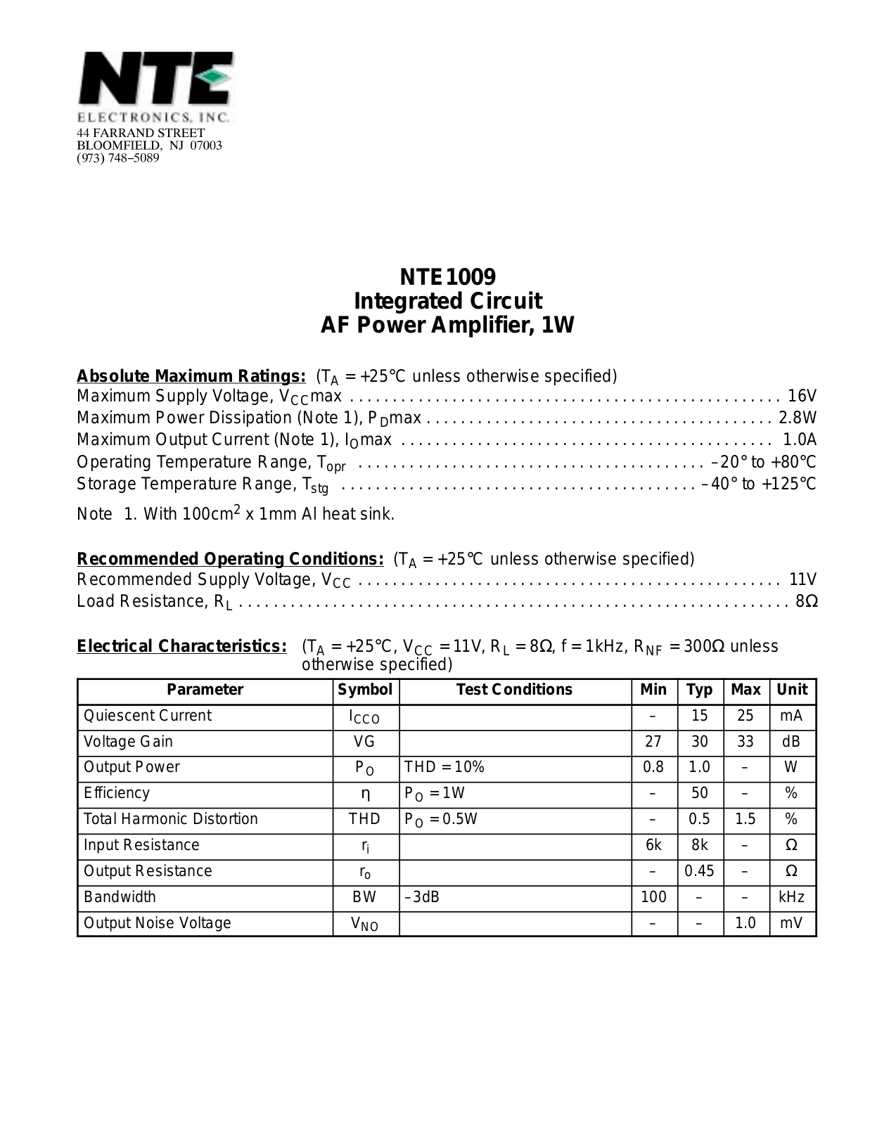 Datasheet NTE1009 Datasheet (NTE) - ManualMachine.com