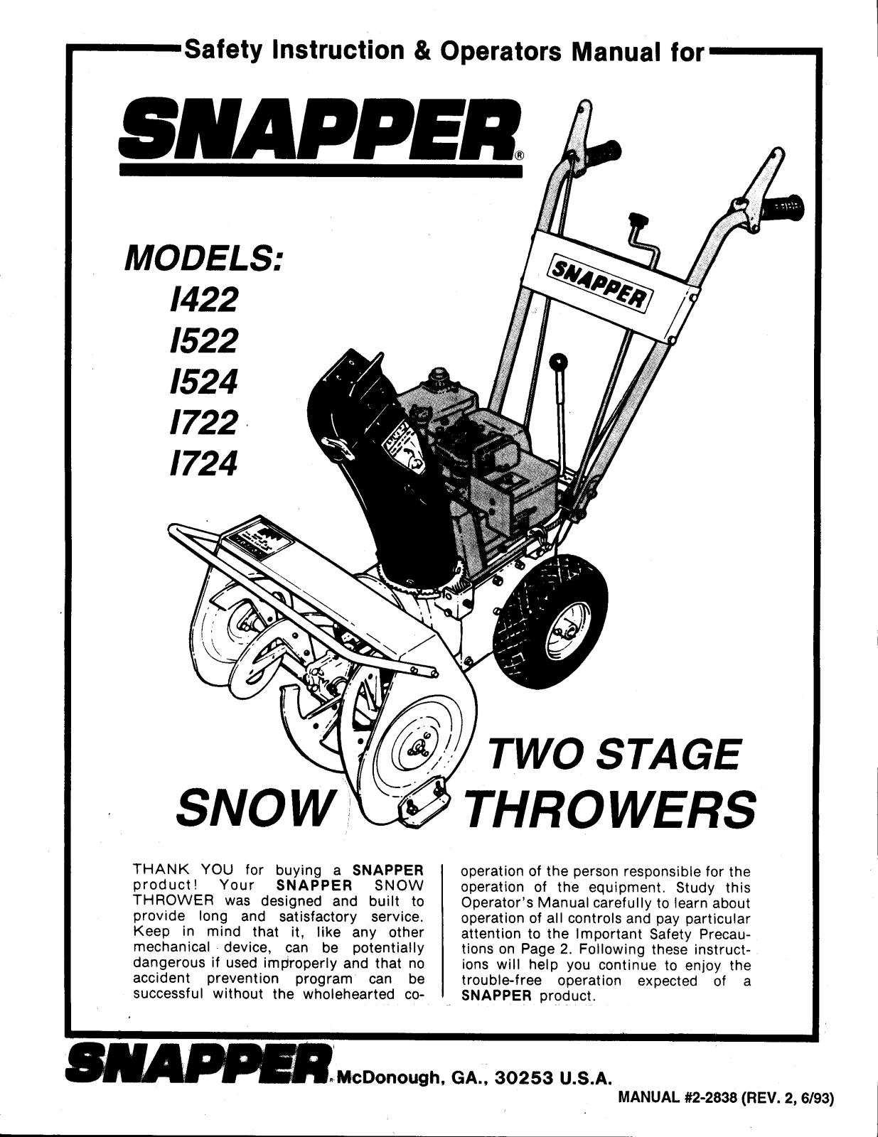 Snapper 1724, 1522, 1722, 1422, 1524 User Manual