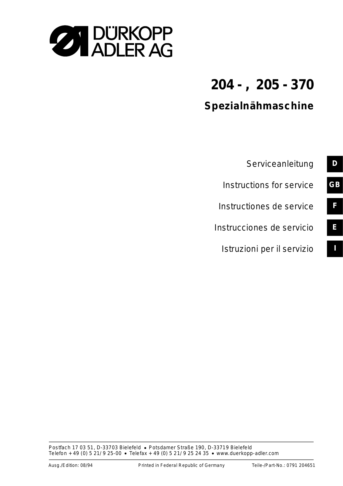 Duerkopp Adler 204, 205, 370 Service Manual