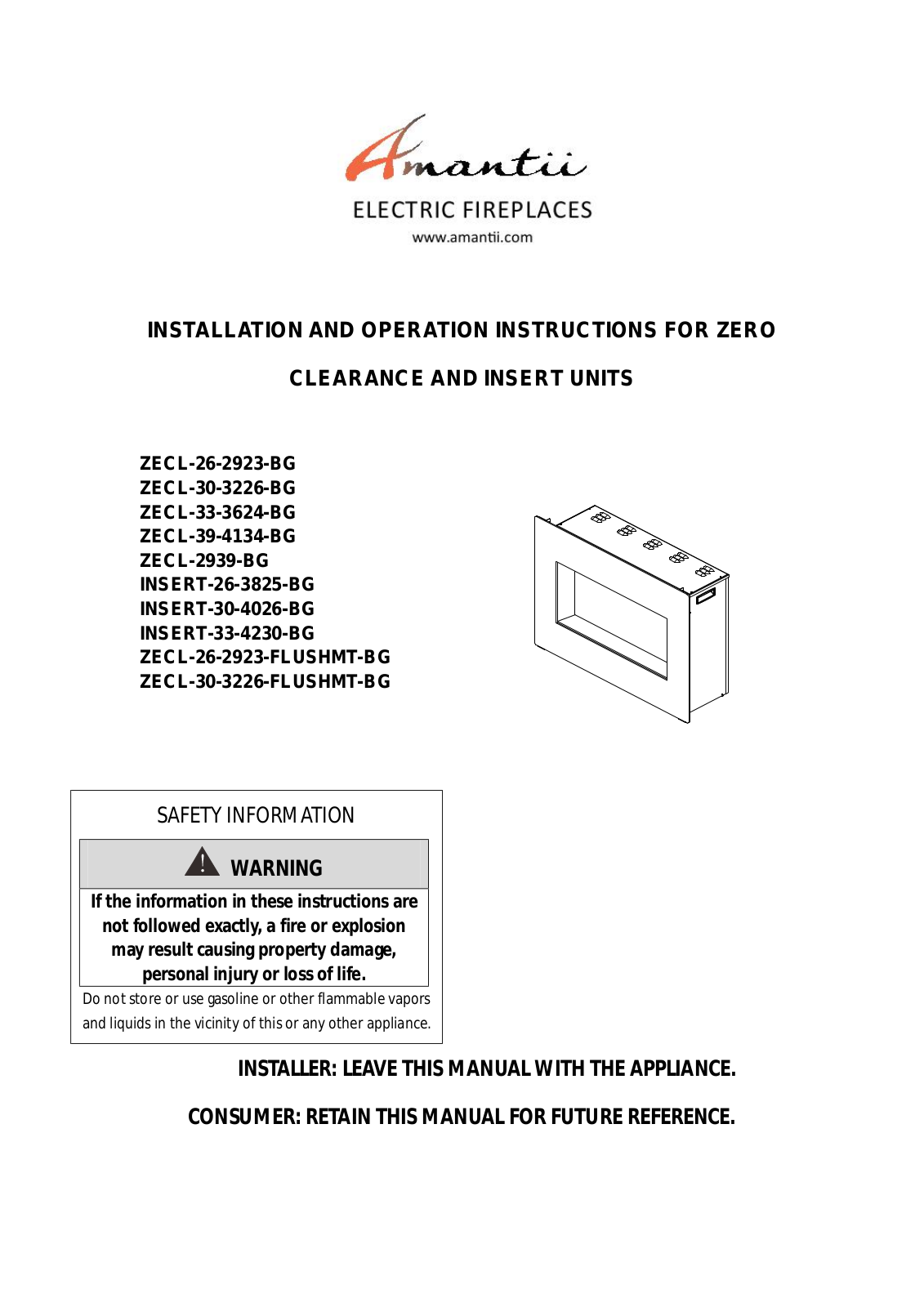 Amantii INSERT-30-4026-BG, ZECL-30-3226-FLUSHMT-BG, ZECL-39-4134-BG, ZECL-2939-BG, ZECL-33-3624-BG User Manual