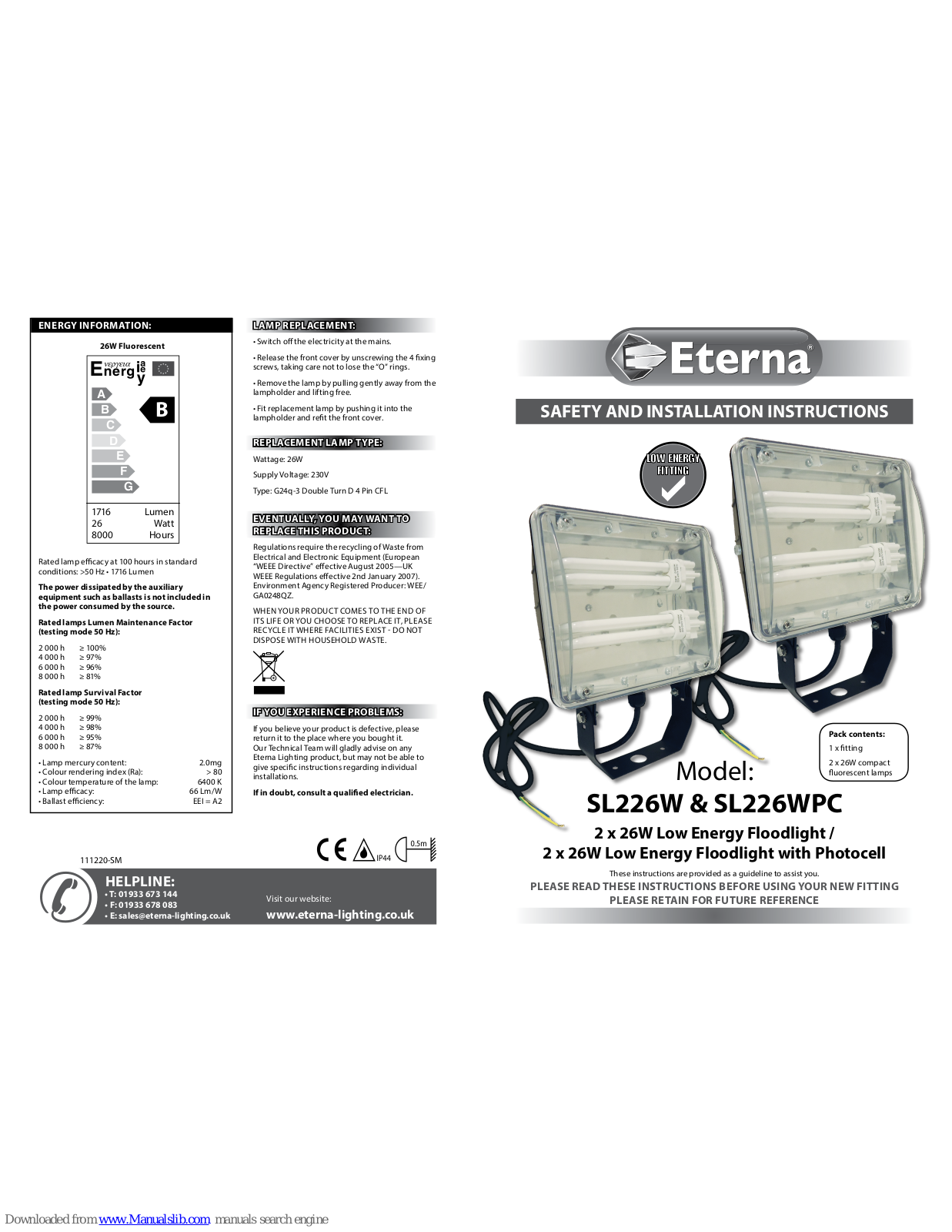 Eterna SL226W, SL226WPC Safety And Installation Instructions Manual