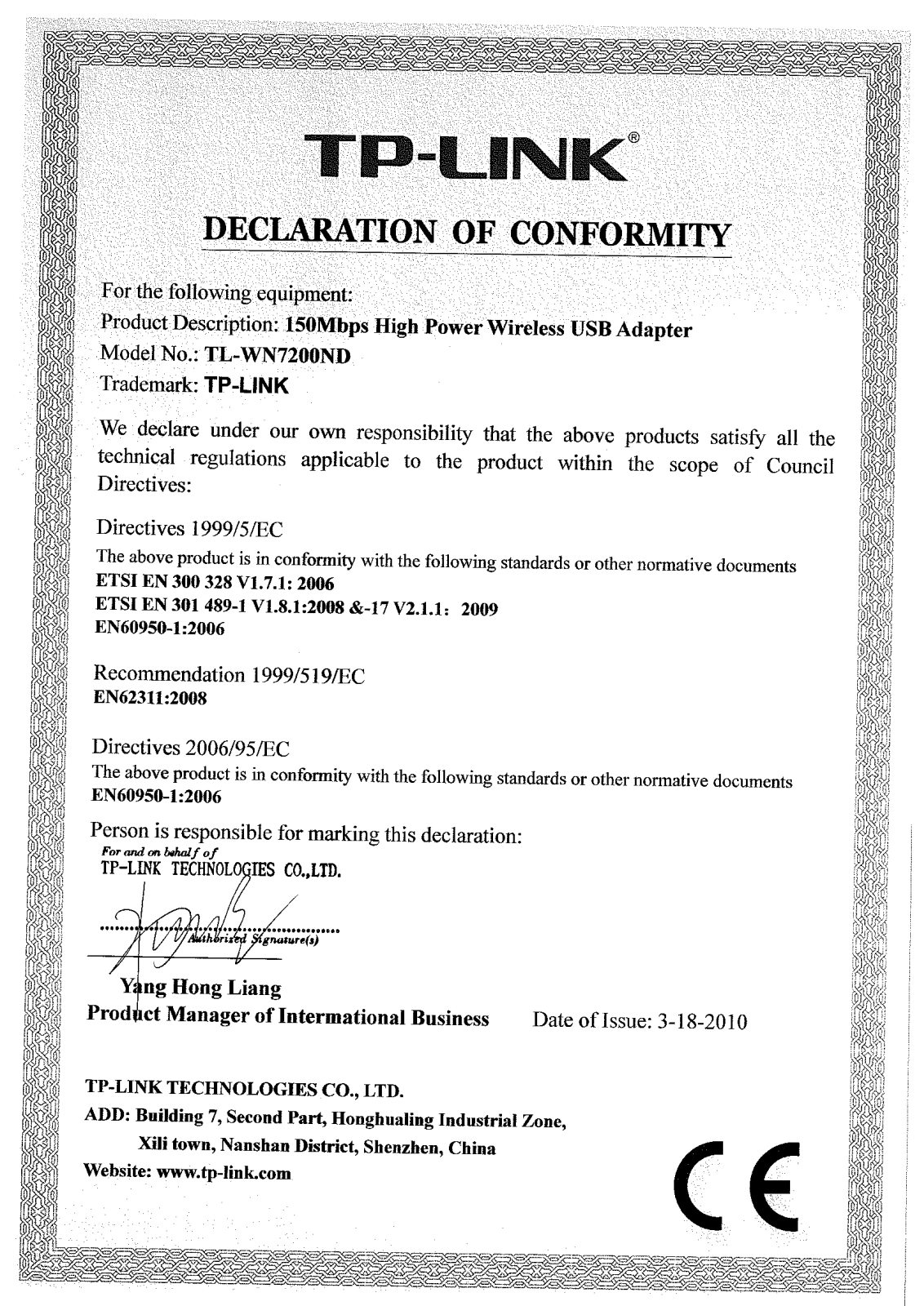 TP-Link TL-WN7200ND Declaration of Conformity