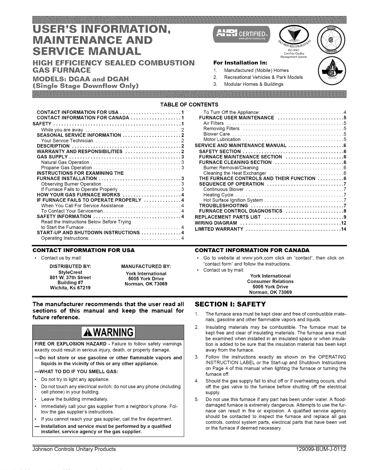 Coleman DGAA User's Information Manual