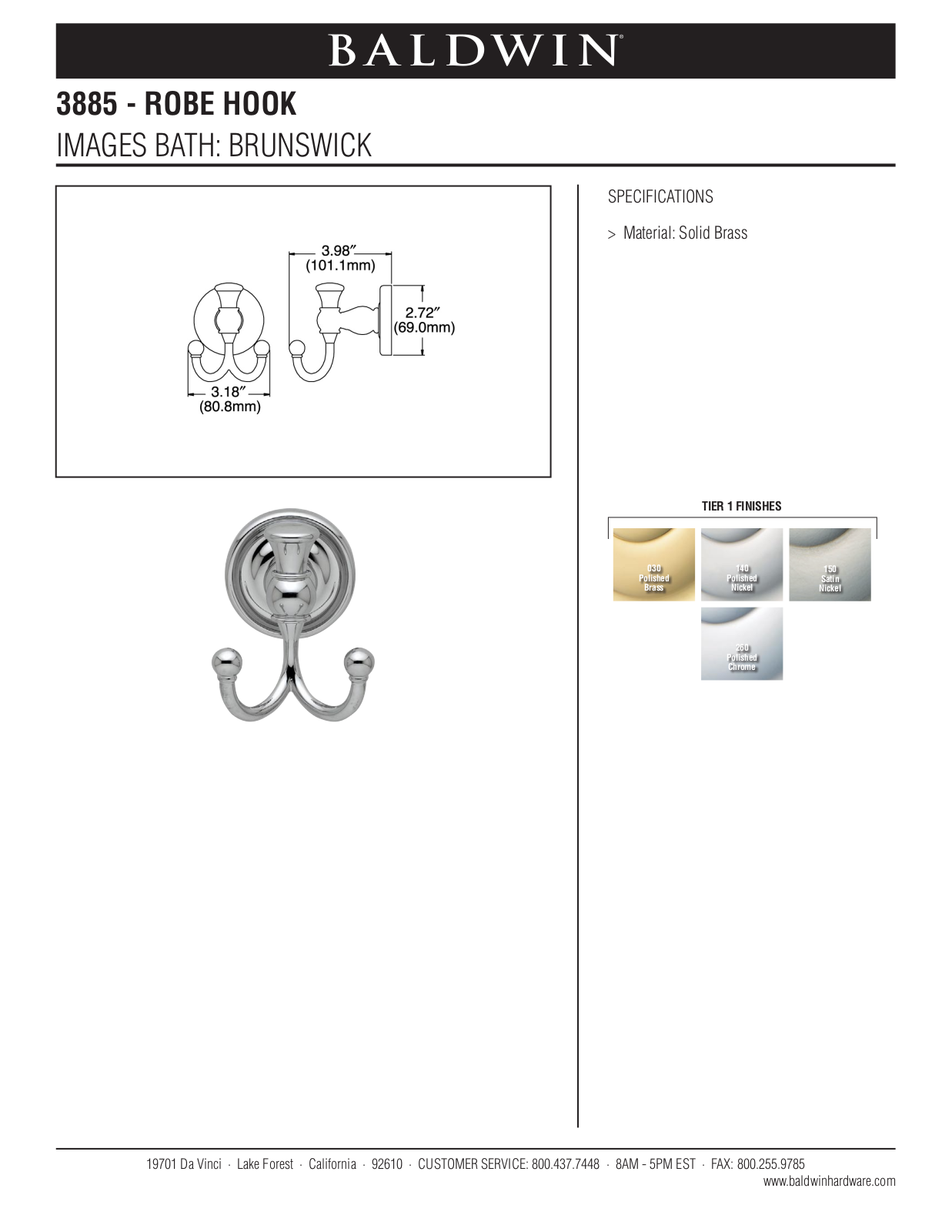 Baldwin Brunswick Robe Hook User Manual