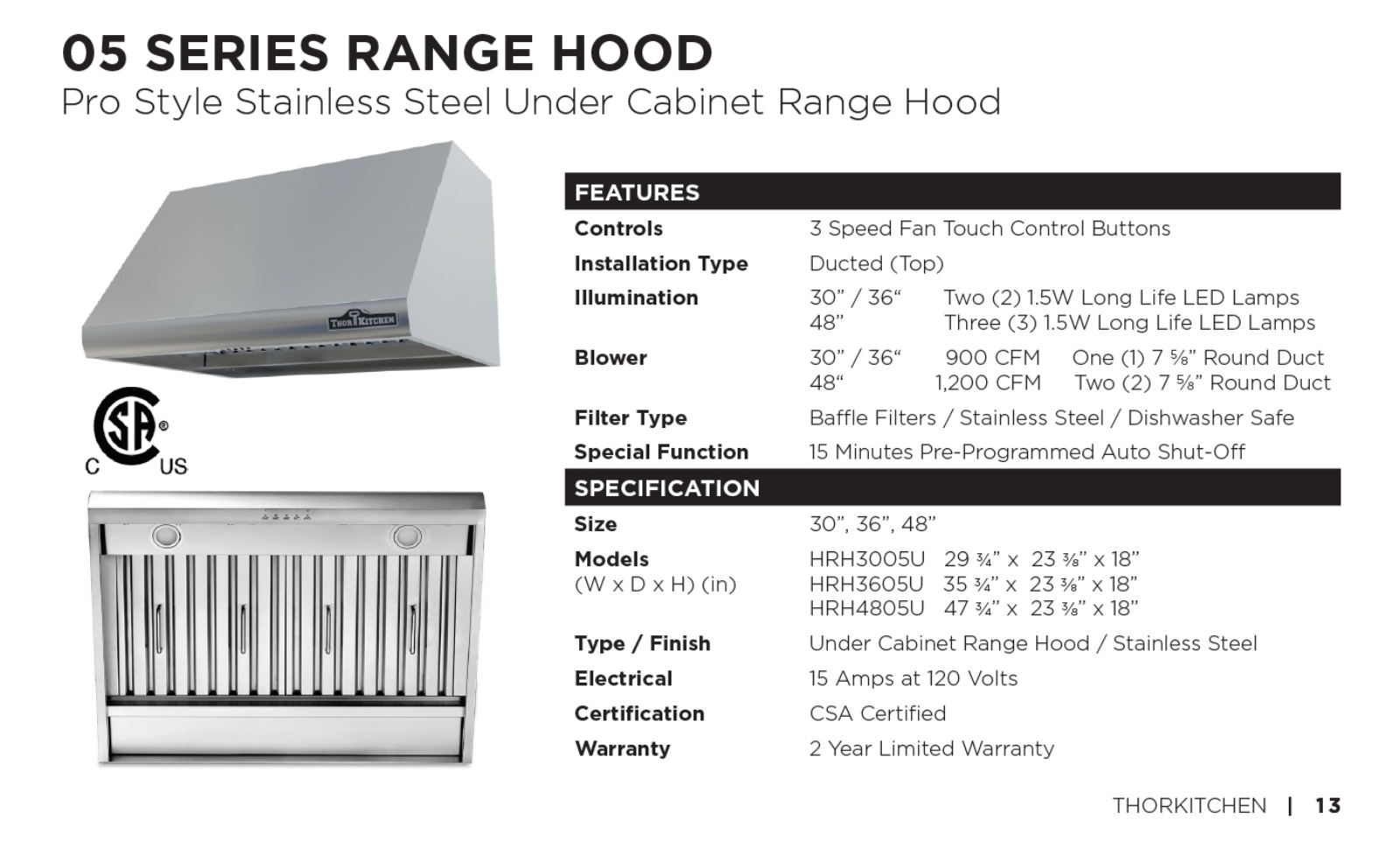 Thor Kitchen HRH3605U, HRH3005U Specifications