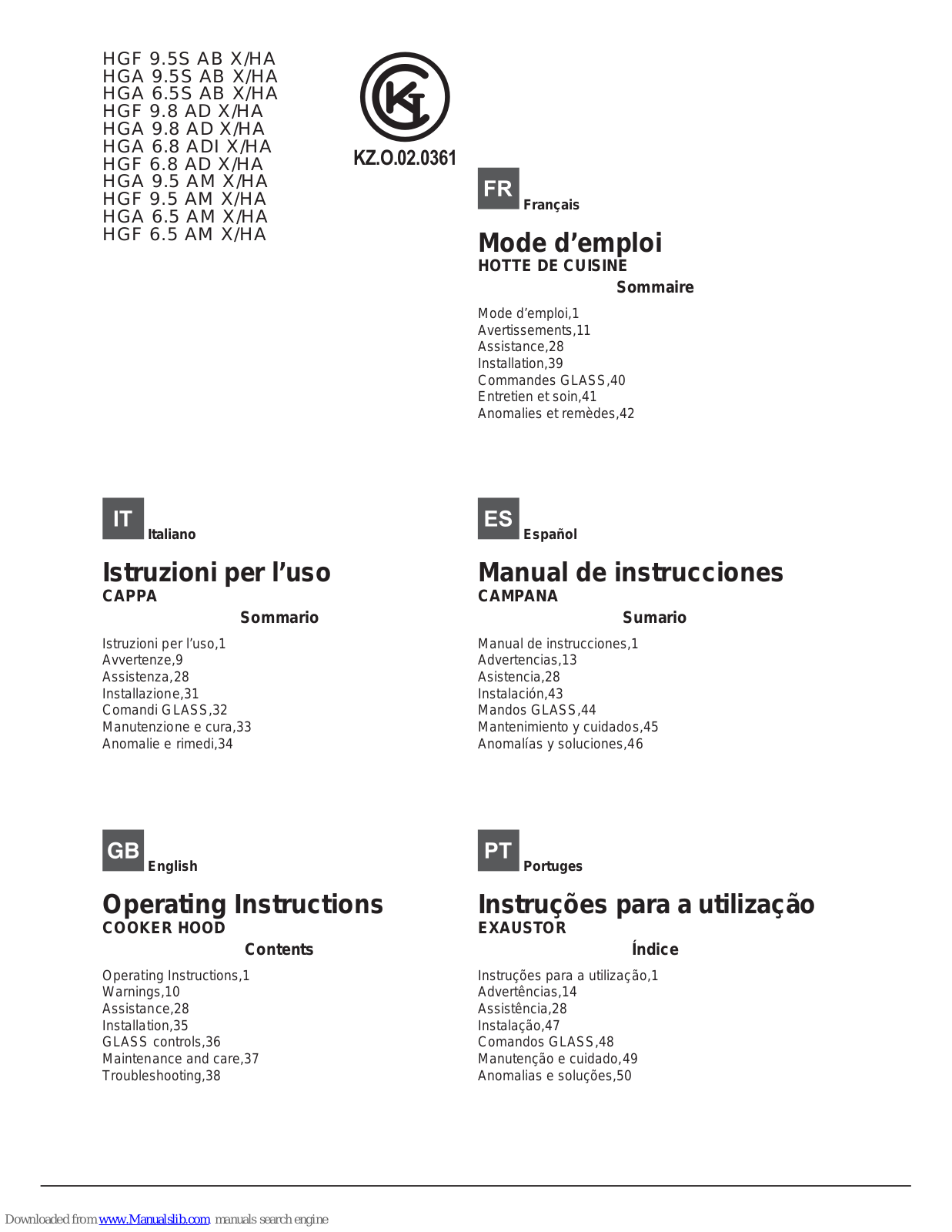 Whirlpool HGA 6.5S AB X/HA, HGA 9.5S AB X/HA, HGF 6.8 AD X/HA, HGA 9.5 AM X/HA, HGF 9.5 AM X/HA Operating Instructions Manual