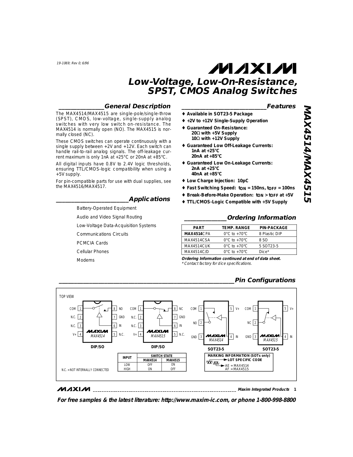 Maxim MAX4515MJA, MAX4515EUK, MAX4515ESA, MAX4515EPA, MAX4515CUK Datasheet