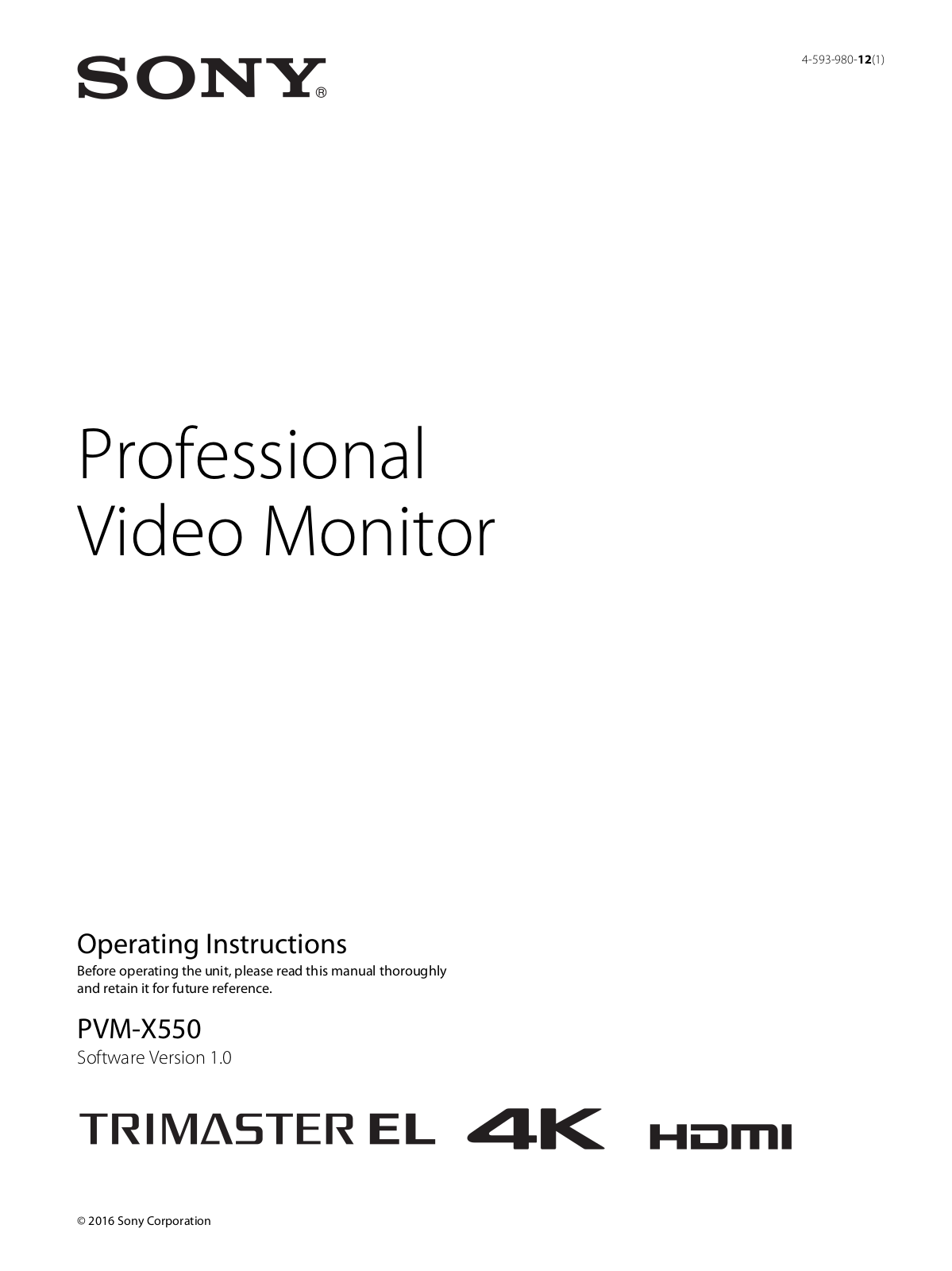 Sony PVM-X550 Operating Instructions Manual