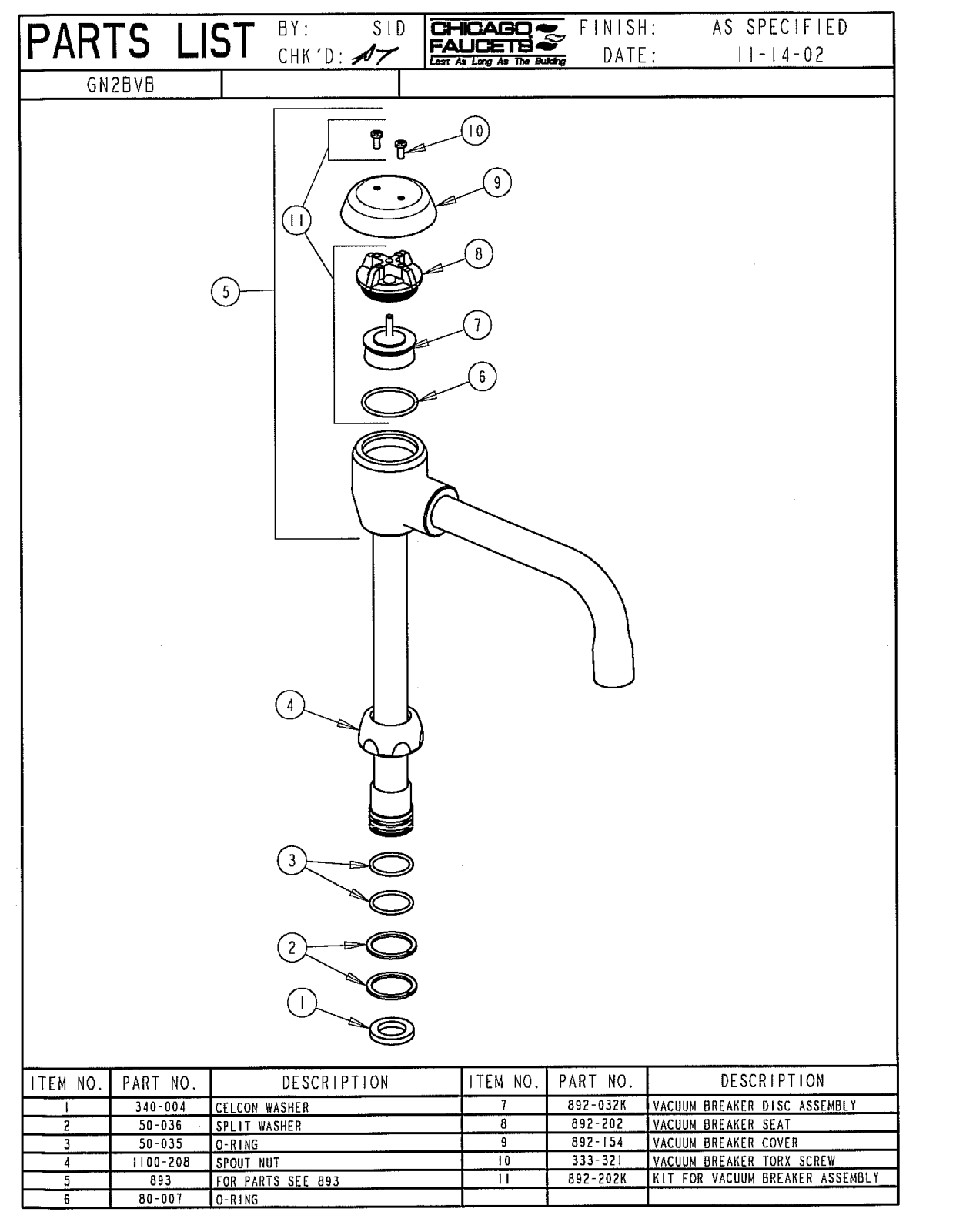 Chicago Faucet GN2BVBJK, GN2BVBJKCTF, GN2BVBJKSAM Parts List