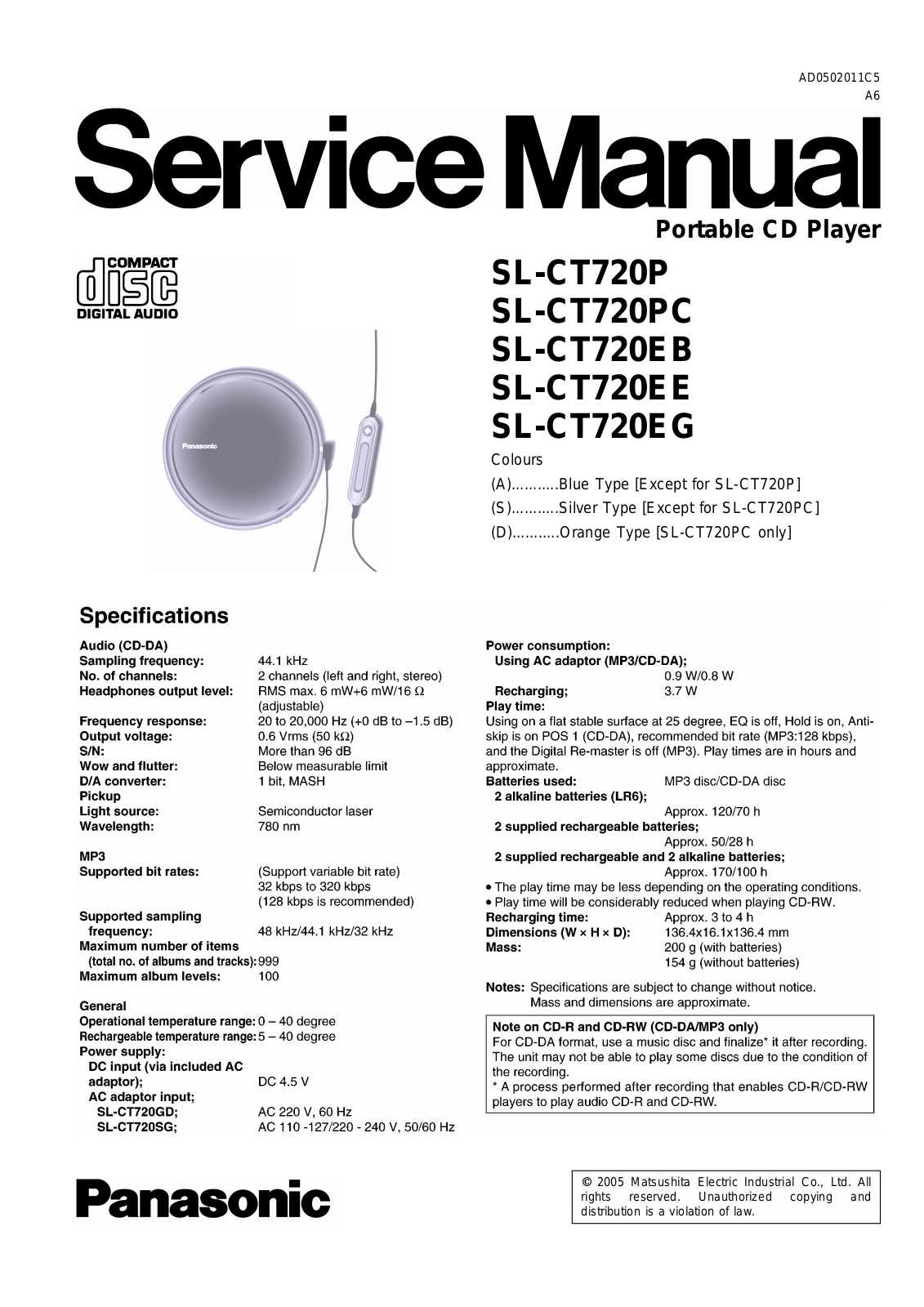 Panasonic SLCT-720-EB, SLCT-720-EG, SLCT-720-EE, SLCT-720-P, SLCT-720-PC Service manual