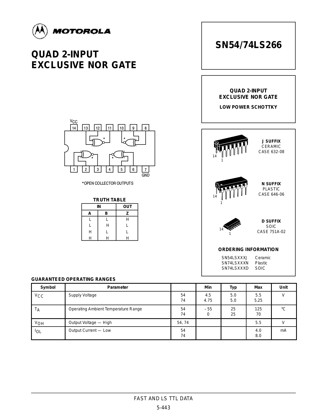 Motorola SN54LS266J, SN74LS266D, SN74LS266N Datasheet