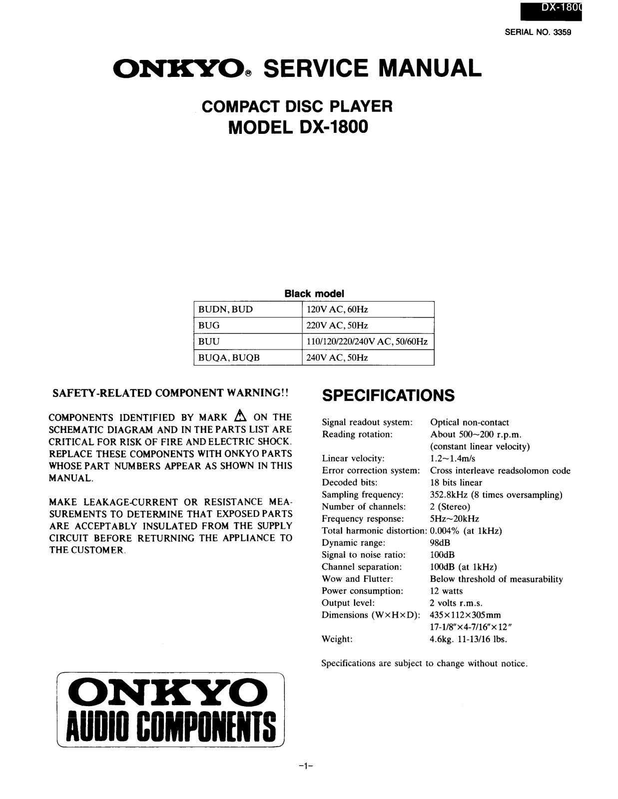 Onkyo DX-1800 Service manual