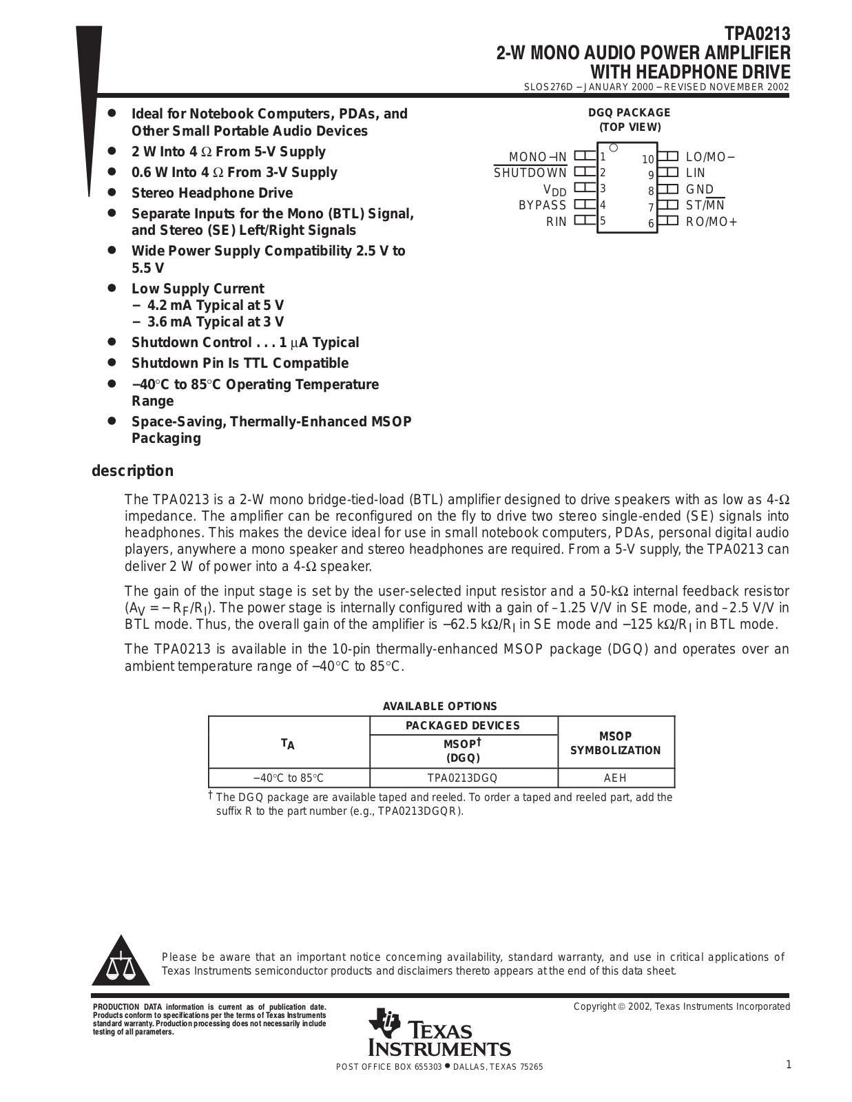 TEXAS INSTRUMENTS TPA0213 Technical data