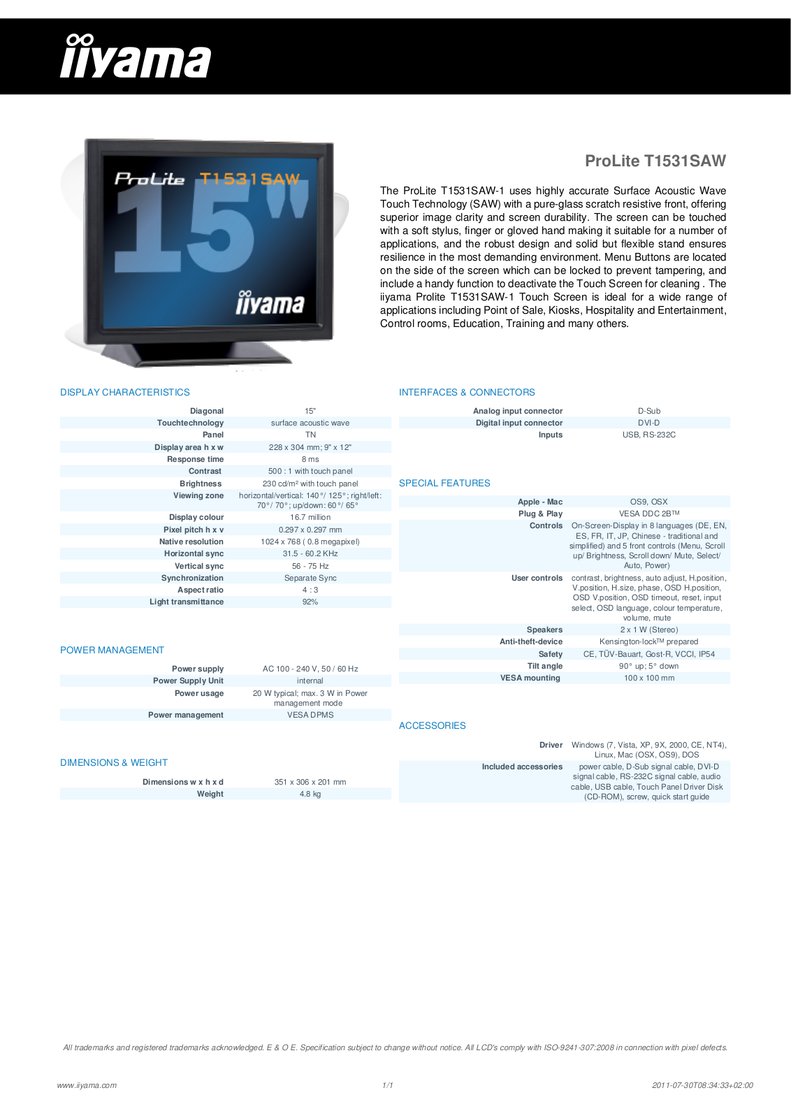 Iiyama PROLITE T1531SAW User Manual