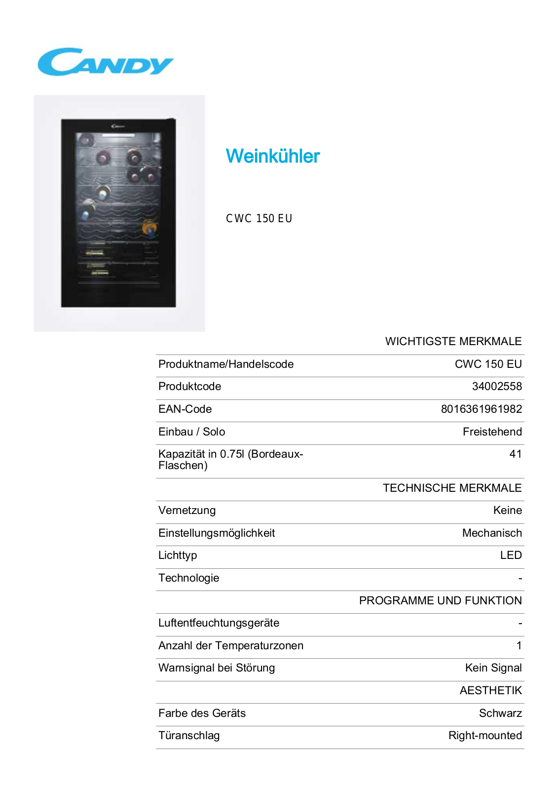 Candy CWC 150 EU User Manual