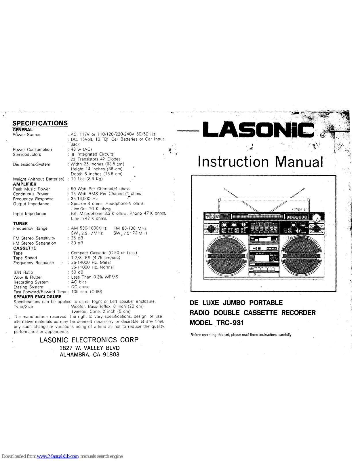 Lasonic TRC-931 Instruction Manual