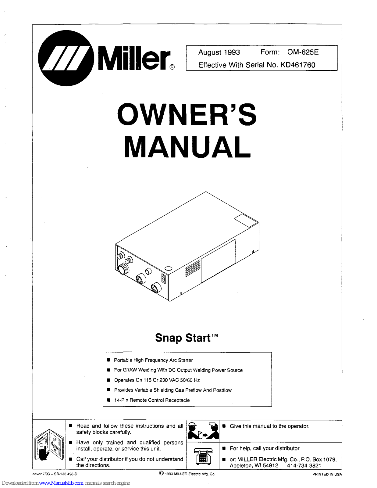 Miller Electric Snap Start Owner's Manual