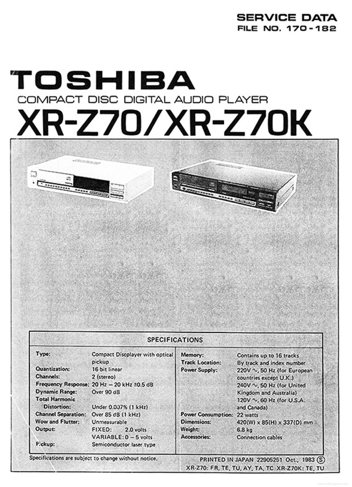 Toshiba xr-z70, xr-z70k Service Manual
