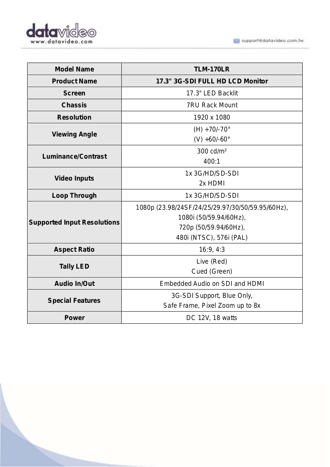 Datavideo TLM-170LR Specifications