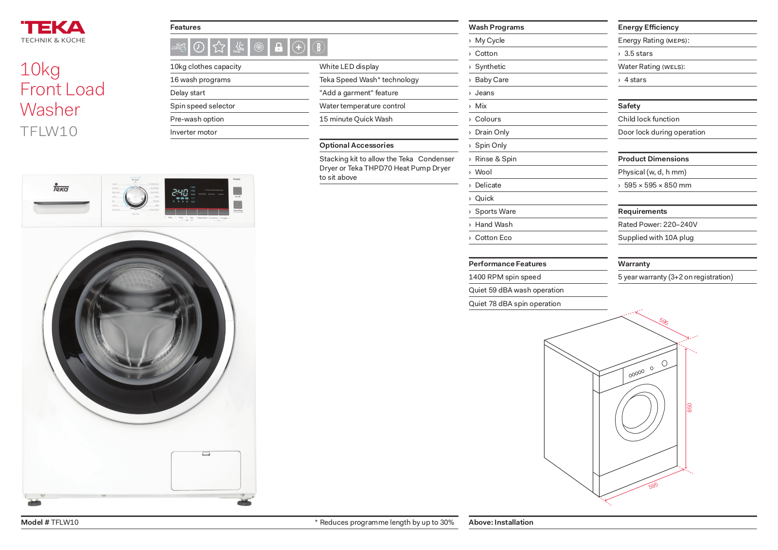 Teka TFLW10 Specifications Sheet