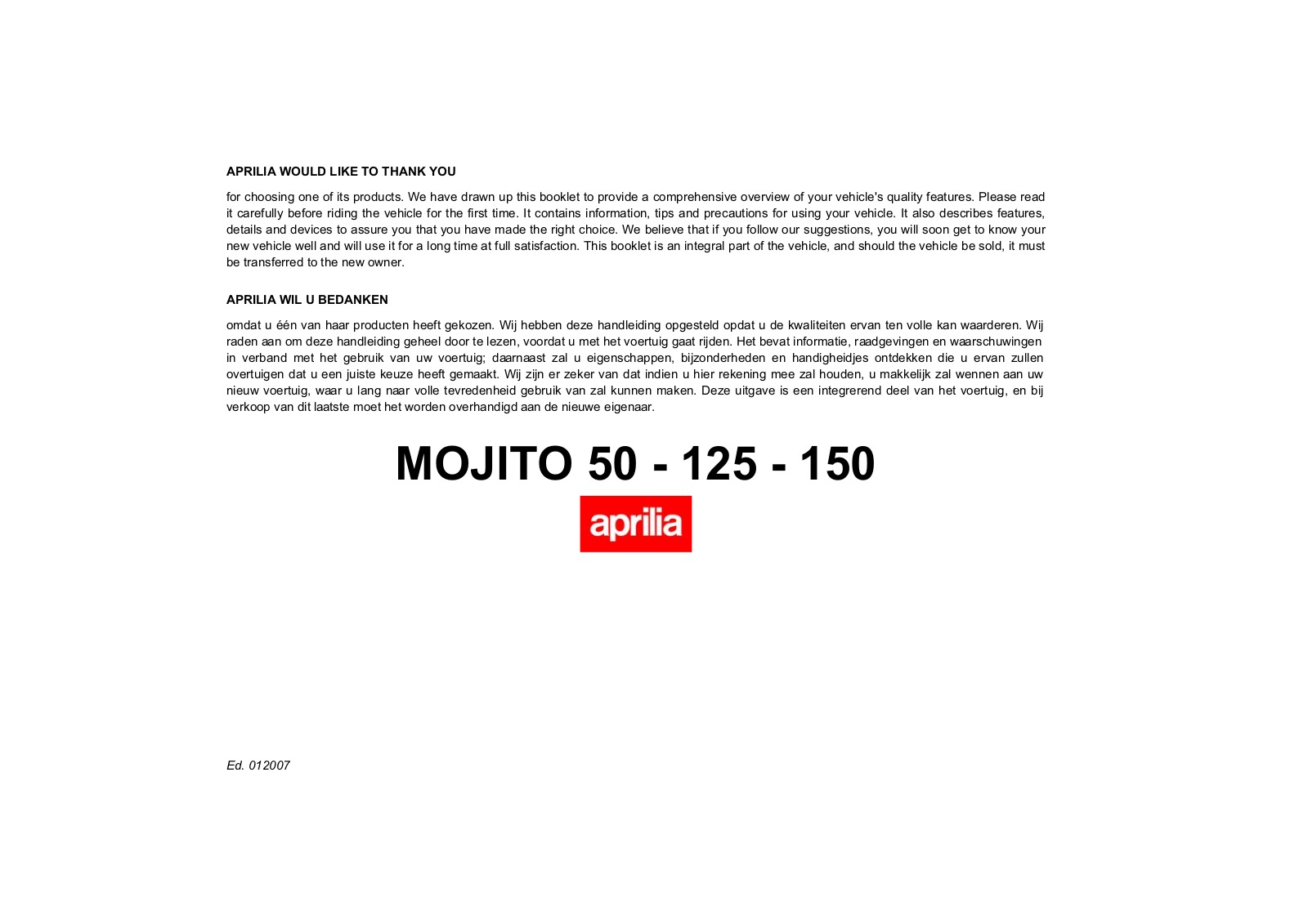 Aprilia Mojito 50 125 150 2007 Owner's manual