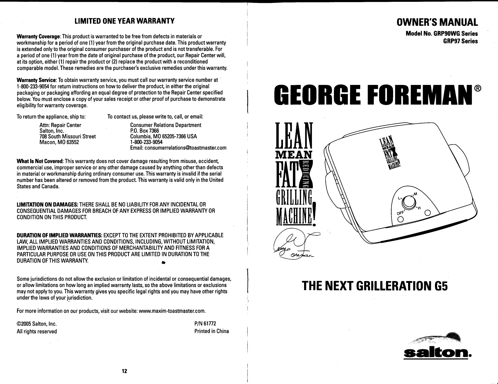 George Foreman G5 Owner's Manual