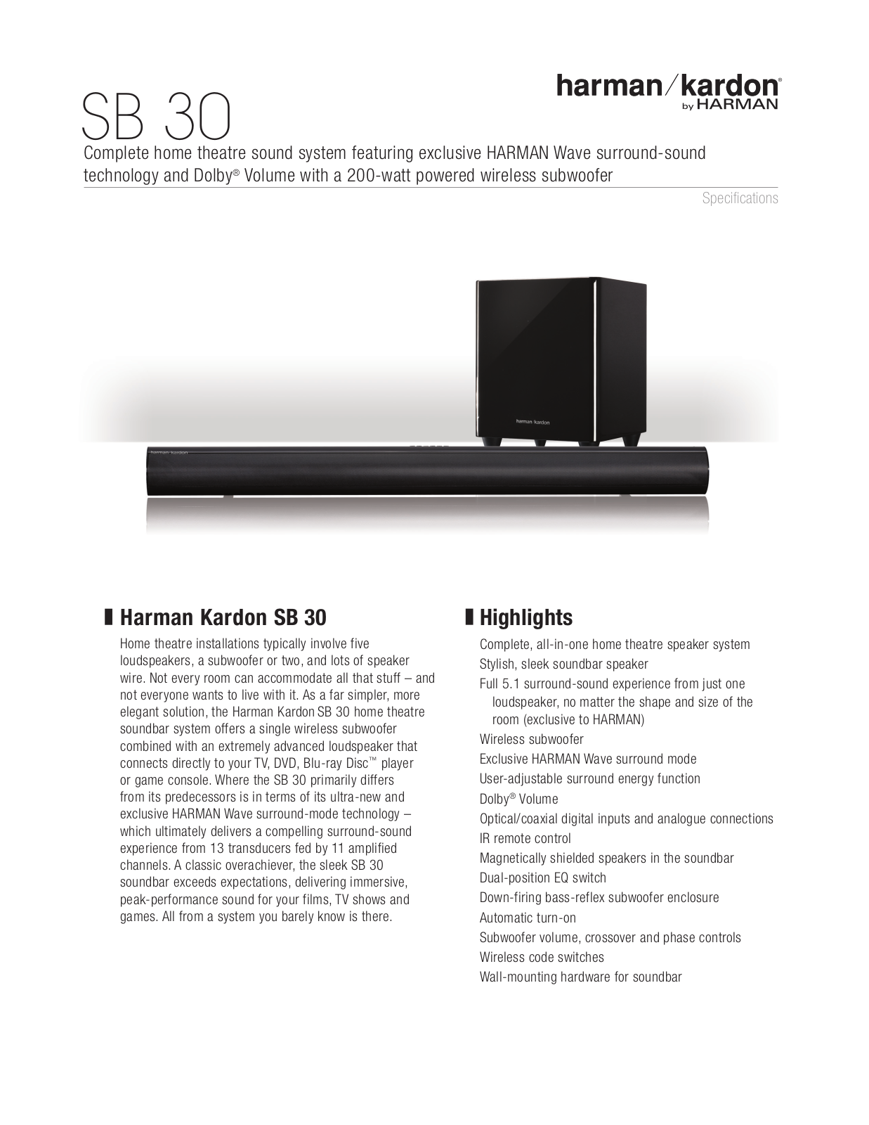 Harman-Kardon SB 30 User Manual